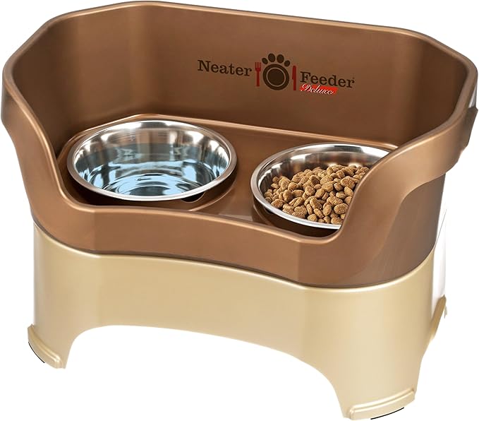 Neater Pet Brands Neater Feeder Deluxe Mess Proof Dog Bowls Elevated for Large Dogs Over 40 lbs, Made in USA, No Spill Raised Dog Food Bowl Stand Feeding Station, Food and Water Bowl Set, Bronze