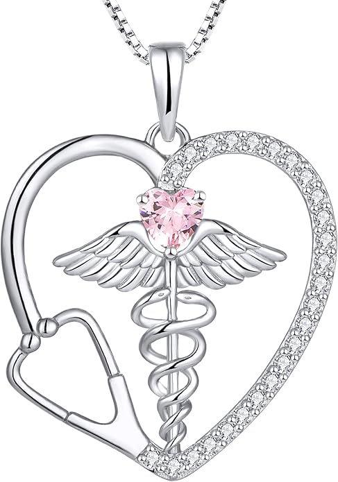 YL Caduceus Heart Necklace for Women Sterling Silver Doctor Nurse Themed Stethoscope Pendant Birthstone Angel Wings Snake Jewelry