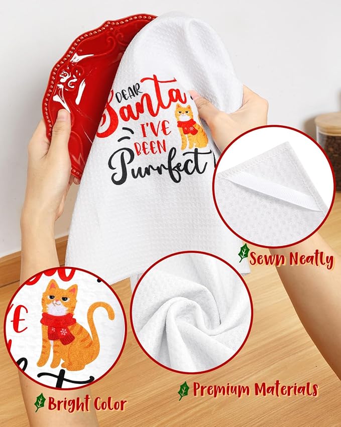 Vansolinne Cat Christmas Kitchen Towels - Decorative Holiday Dish Towels, Meowy Catmas Home Decor, Funny Naughty Kitty Housewarming Gifts for Mom and Cat Lovers