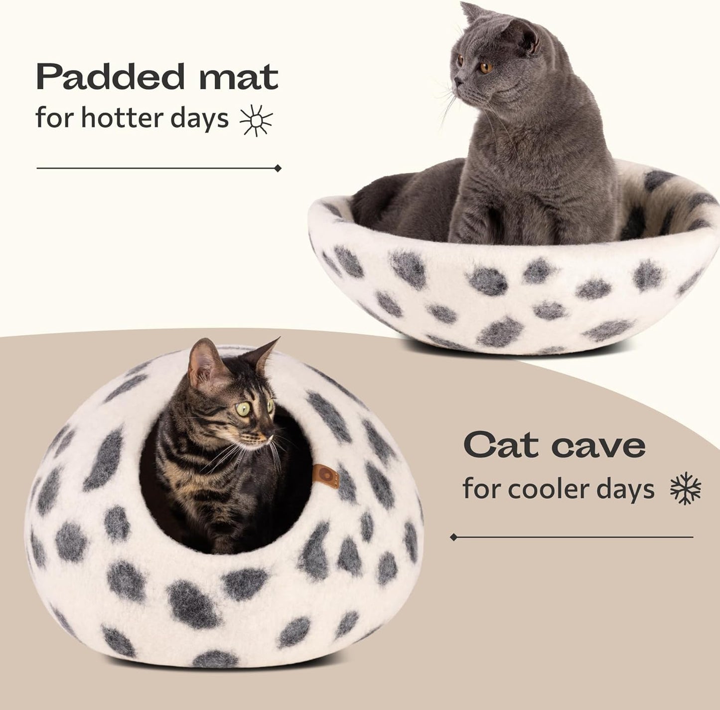 MEOWFIA Cat Cave – Premium Felt Cat Bed for Indoor Cats, Handmade 100% Merino Wool (Medium, Snow Leopard)
