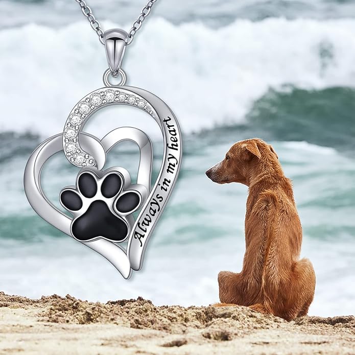 FLYOW 925 Sterling Silver Cute Paw Print Forever Love Heart Pendant Necklace/Bracelet/Stud Earrings Gift for Women, Box Chain 18"