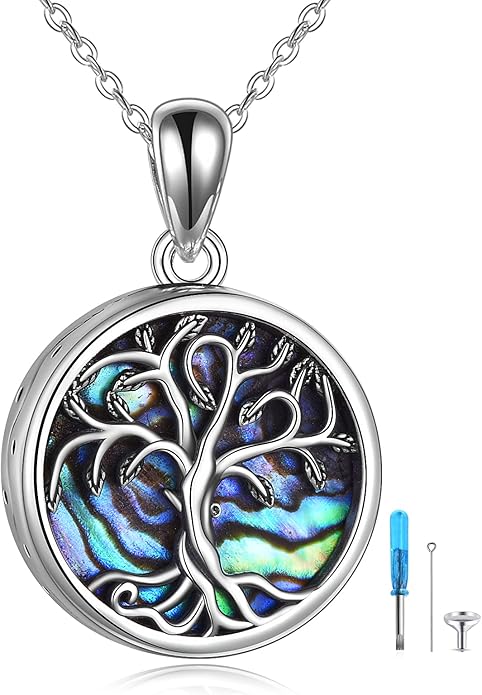 URONE Urn Necklaces for Ashes 925 Sterling Silver Abalone Shell Tree of Life Cremation Jewelry for Ashes Memory Jewelry for Women Men