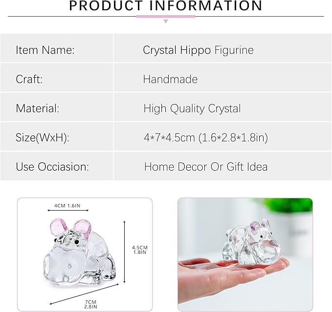 HDCRYSTALGIFTS 2.8inch Crystal Hippo Figurines Collectibles Gift for Mom from Daughter Art Glass Hippopotamus Statue Animal Paperweight Ornament for Table Home Decoration