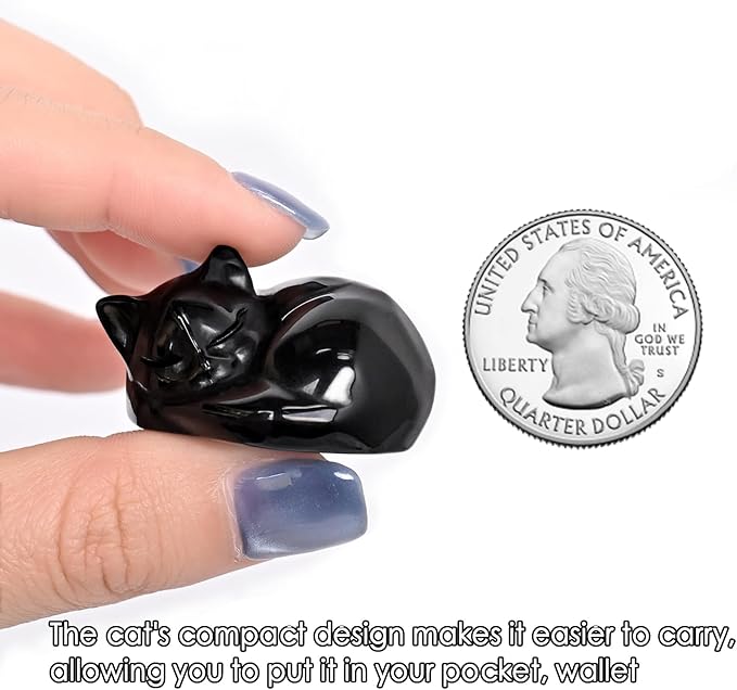 WHAL&YUNE Crystal Cat Figurine, 1PC Black Obsidian Cat, Natural Sleeping Cat Ornament Hand Carved Cat Statue Cat Home Decor Crystal Decoration for Cat Lovers, Gift 1.5"