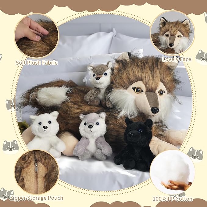 5 Pcs Wolf Stuffed Animal Plush Toy, 16 Inch Mommy Stuffed Wolf with 4 Baby Wolves in Her Zippered Pouch,Cute Nurturing Wolves Plushies for Kids Boys Girls Easter Birthday Gifts Party Decoration