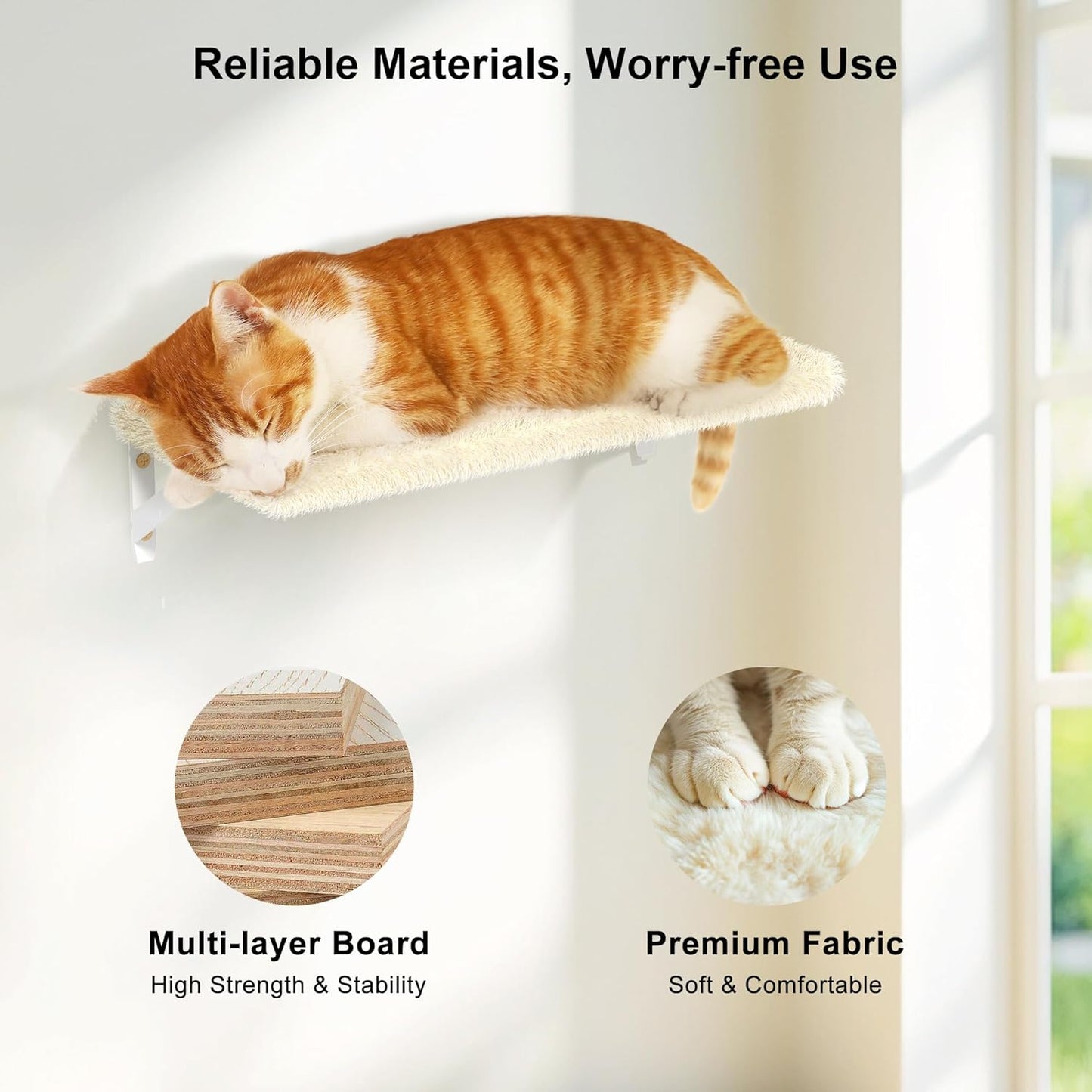 FUKUMARU Cat Wall Shelves, Stable & Safe 4 in 1 Large Cat Walls Furniture Set, Wooden Kitten Climbing Wall with Scratching Post for 16 Inch Drywall - Beige