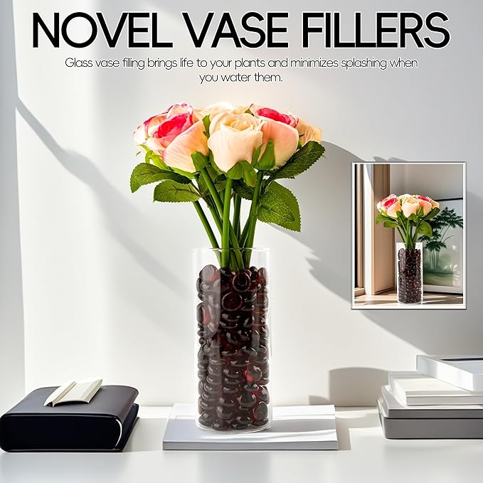 2 LB Dark Red Glass Marbles, Mini Flat Glass Beads for Vase Fillers, Floral Bottom Mancala Gems Pebbles Fish Tank Rocks for Table Aquarium,Home Decor Art Craft Supplies(0.5"~0.7")