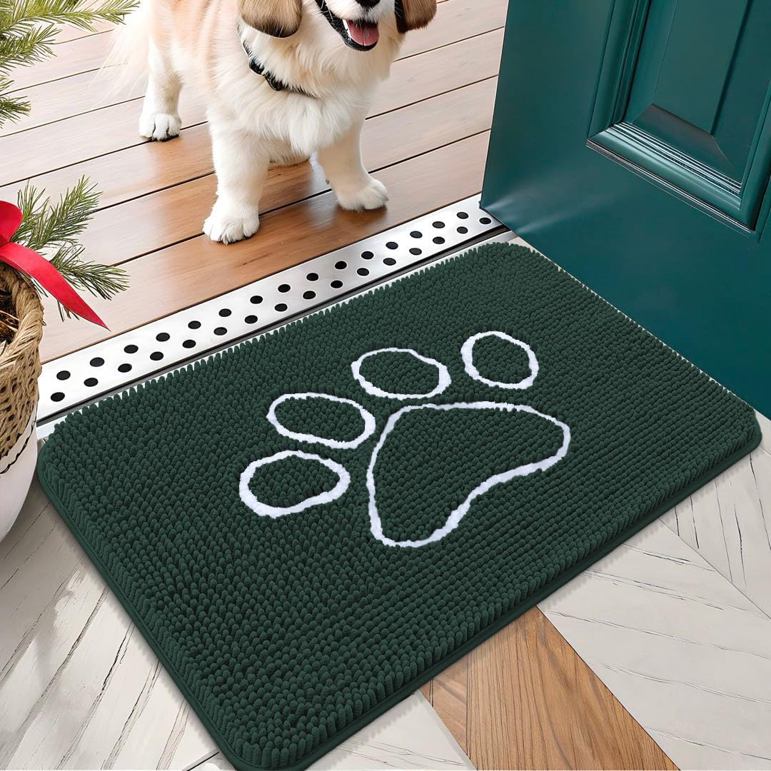 OLANLY Door Mat for Muddy Dog Paws 24x16, Absorbent Chenille Mud Doormat with Paw Print Design, Non-Slip Washable Doormat for Indoor Entryway, Quick-Dry Pet Bed Mats for Dirty Dogs, Blackish Green