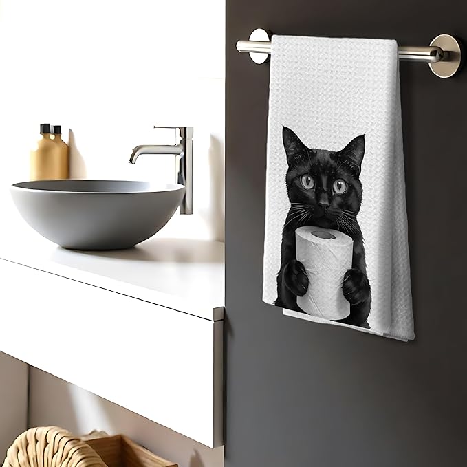 Funny Black Cat Hand Towels, Cat Bathroom Decor, Cats Lover Mom Lady Gifts Hand Towels for Bathroom Kitchen Decor, Cute Black Kitten Decorative Kitchen Dish Tea Towels, 16x24 Inch