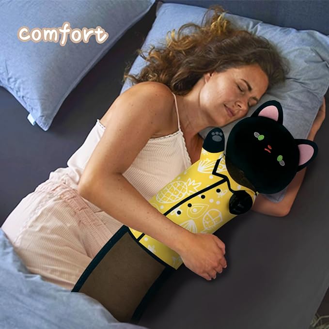 Long Cat Plush Body Pillow - Soft Plush Kitty-Shaped Cushion for Kids and Lovers (Black, 28")