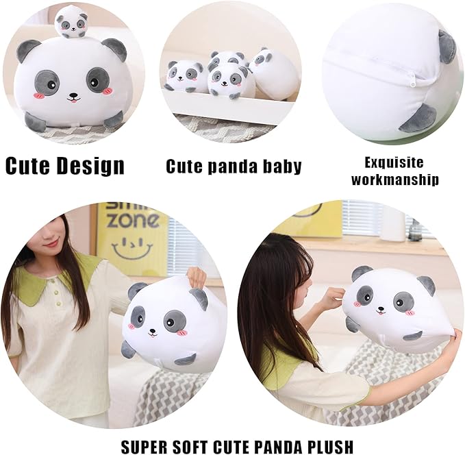 SQEQE Panda Mommy Stuffed Animal with 4 Baby Pandas, Super Soft Cartoon Hugging Toy Gifts for Girls Boys Birthday