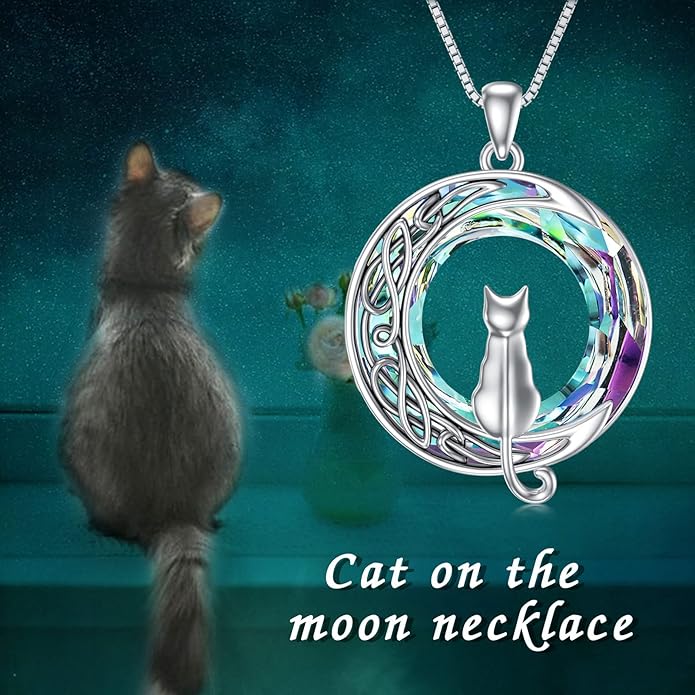 TOUPOP Cat Gifts for Cat Lovers 1 2 3 Cats Necklace Sterling Silver Cat on the Moon Pendant Necklace with Blue Circle Crystal Birthday Christmas Celtic Jewelry Gifts for Women