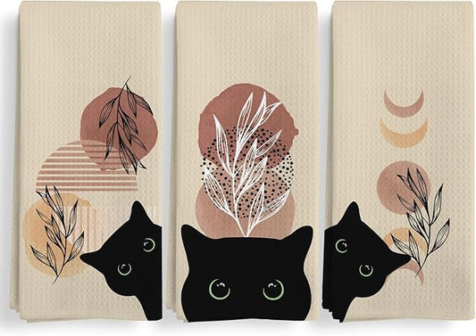 Abstract Boho Botanical Black Cat Kitchen Towels Set of 3, Cat Lover Mom Lady Gifts Decorative Dish Tea Towels, Boho Neutral Mid Century Modern Hand Towels for Bathroom Decor, 16X24In