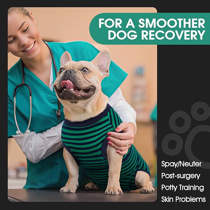 FUAMEY Recovery Suit for Dogs After Surgery,Soft Breathable Dog Bodysuit E-Collar & Cone Alternative Surgical Suit,Male Female Dog Neuter Spay Suits Anti Licking Wounds Onesie Green Black Stripes XL