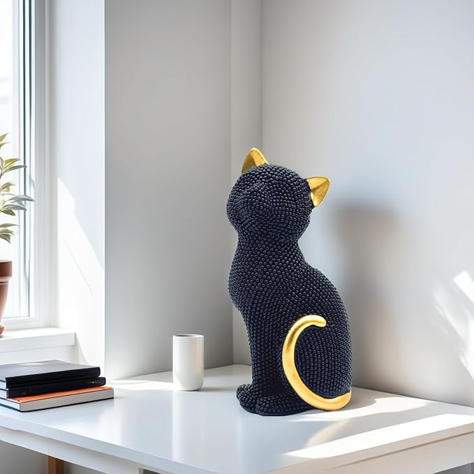 FUNSXBUG Decorative Cat Sitting Statue Art Figurines Sculpture Collectibles Home Office Desktop Decor Outdoor Garden Tabletop Display Decoration (Black)