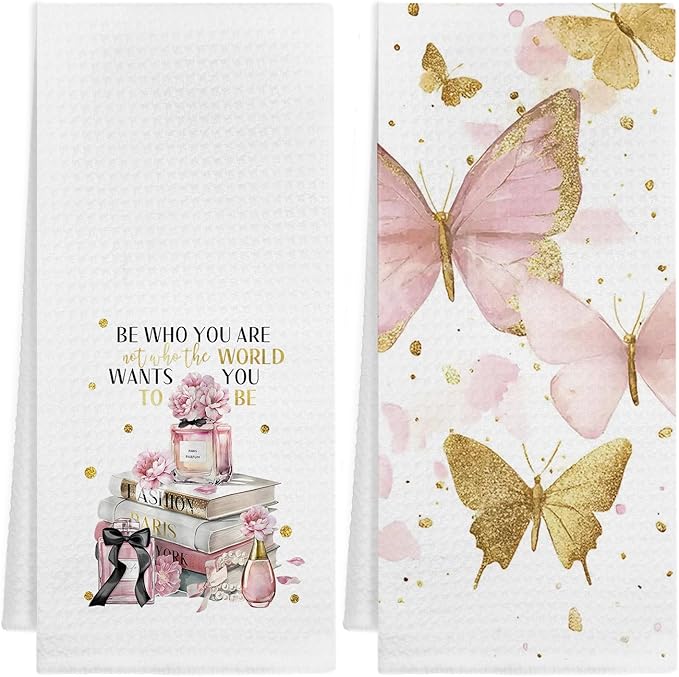 Pink and Gold Bathroom Decor Hand Towels Set of 2, Trendy Pink Fashion Floral Perfume Butterfly Decorative Hand Towels for Bathroom, Inspirational Gifts for Women, 16x24 Inch
