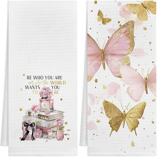 Pink and Gold Bathroom Decor Hand Towels Set of 2, Trendy Pink Fashion Floral Perfume Butterfly Decorative Hand Towels for Bathroom, Inspirational Gifts for Women, 16x24 Inch