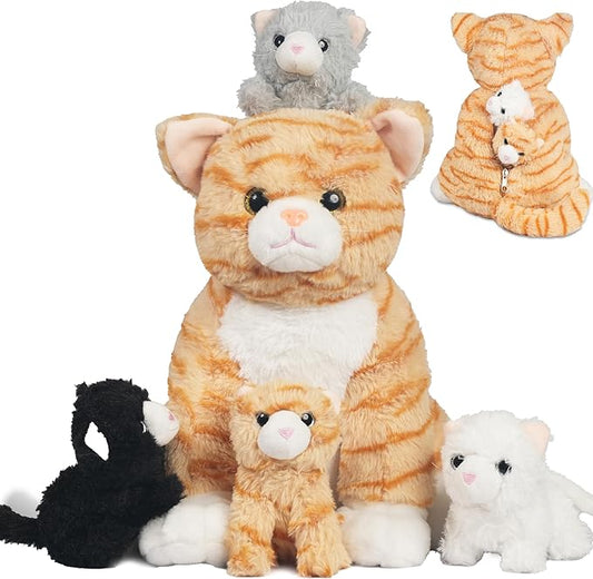 5 Pieces Cat Stuffed Animal Plush with Babies Inside, Mommy Stuffed Orange Tabby Cat with 4 Kittens Stuffed Animal, Kitty Cats Plushies Toys Pillow Plush for Kids Boys Girls Birthday Christmas Party