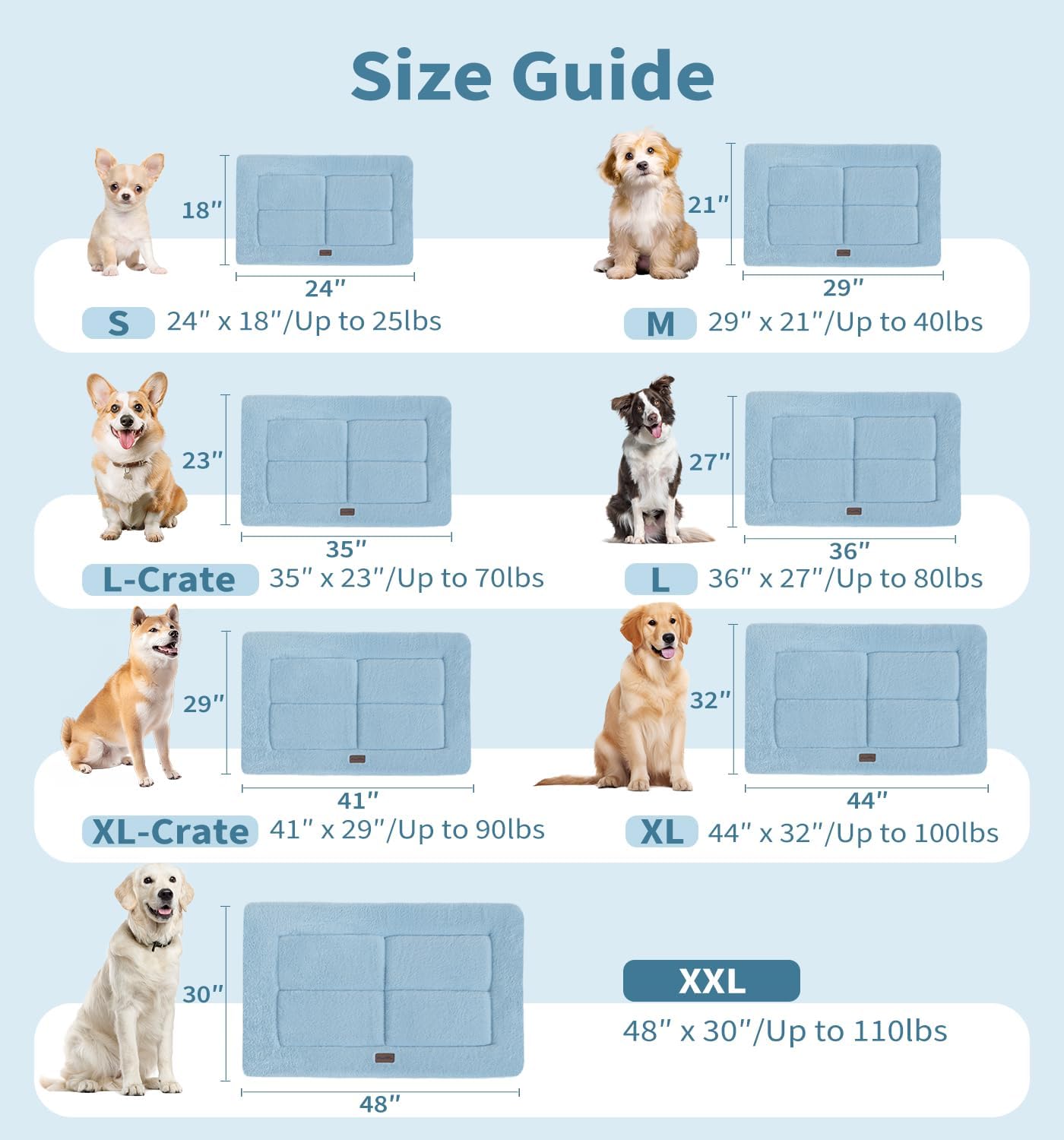 Made4Pets Dog Crate Pad Bed for Large Dogs, Washable & Reversible, Anti-Slip Kennel Mat for Cozy Sleeping, Soft Fluffy Dog Bed for Indoor & Outdoor Use, 36"x27", Blue