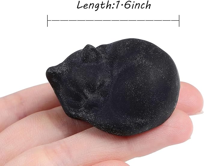 LAIDANLA Sleeping Cat Statue Matt Black Obsidian Healing Gemstone Hand Carved Cute Kitten Statue Figurine 1.6" Decor Polished Stone Reiki Bedroom Office Desk Home Decoration Gifts