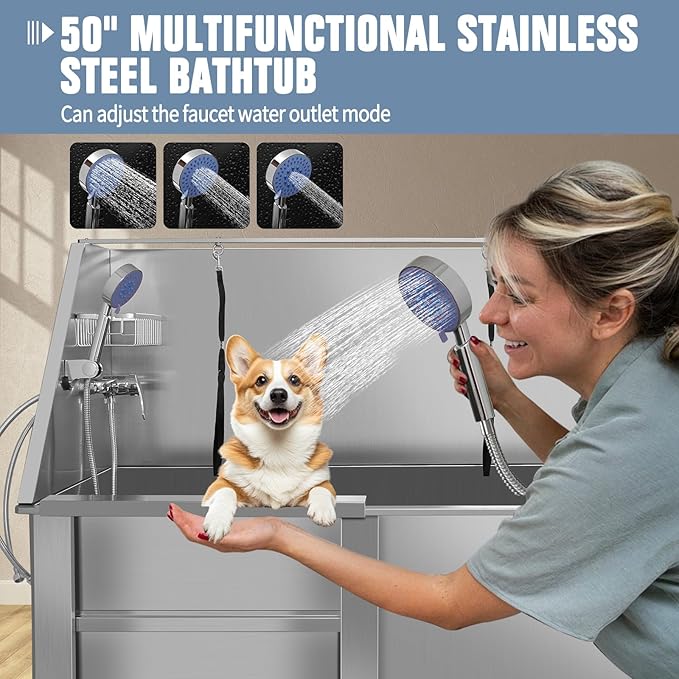 50" Dog Bathing Station for Large Dogs, Stainless Steel Dog Pet Washing Station, Professional Dog Grooming Tub, Pet Wash Bath Station (50" Left Door)