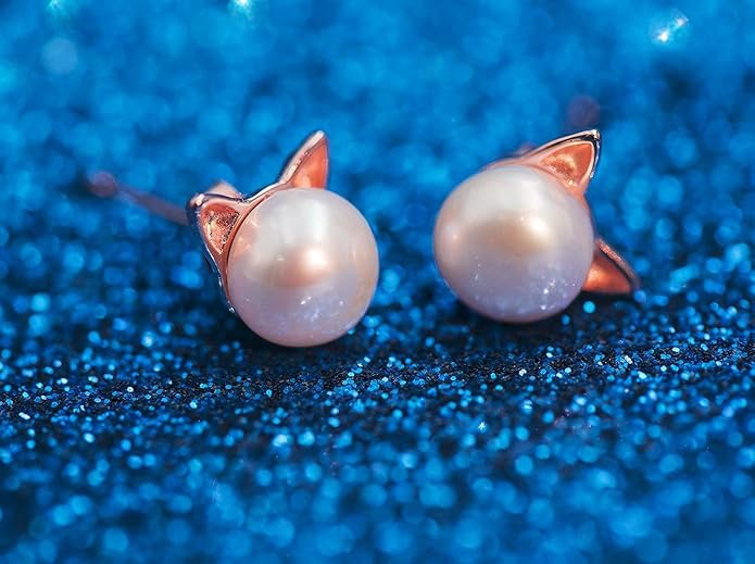 Wicary Cat Earrings Sterling Silver Pearl Earrings for Women Cat Stud Earring for Cat Lovers