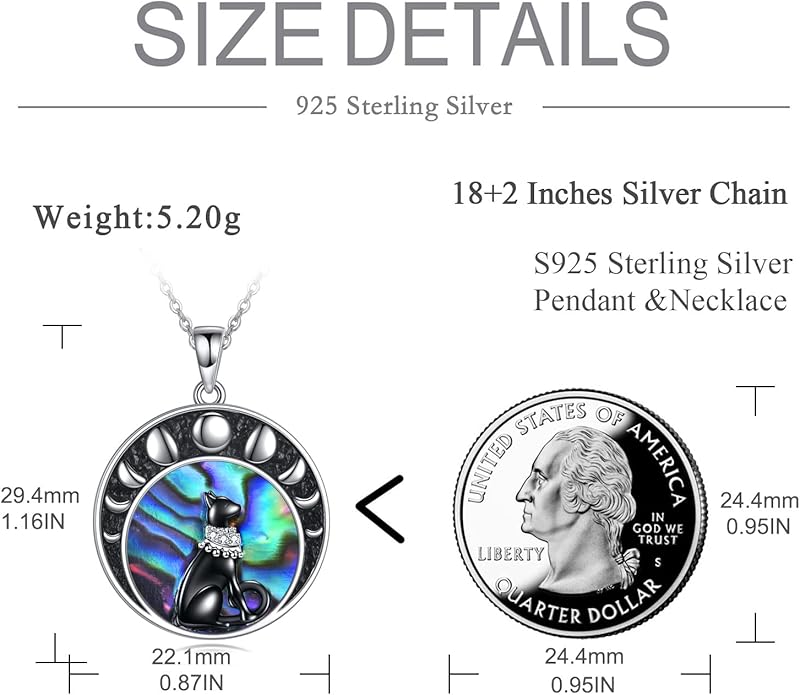 925 Sterling Silver Moon Black Cat Necklace for Women - Tree of Life Jewelry with Abalone Stone - Cat Lover Birthday Gift