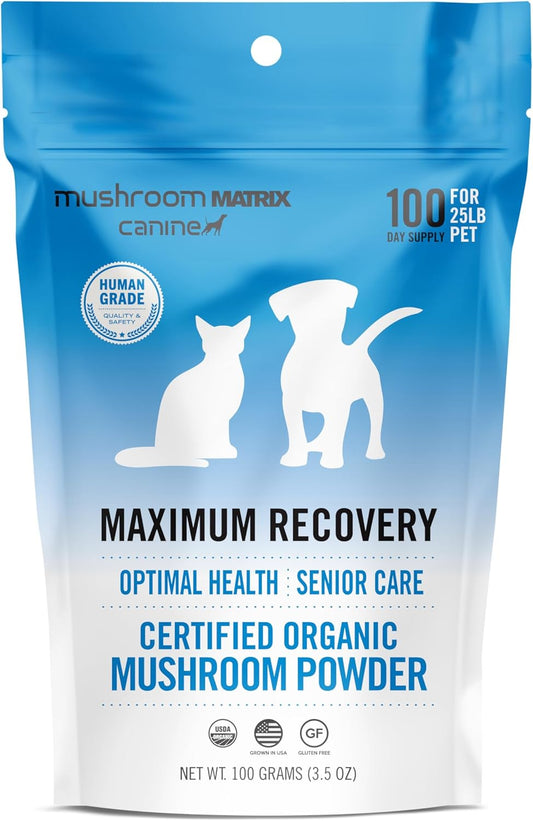 Om Mushroom Matrix Pet - Canine | Maximum Recovery | USA Grown Human-Grade Organic Mushroom Powder Pet Supplement | Optimal Health & Senior Care for Dogs & Cats | 100 Grams, 3.5 oz