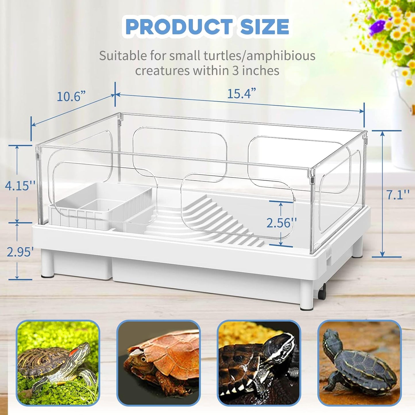 Small Turtle Tank, Aquarium, Acrylic Terrarium with Basking Platform, Bottom Drainage, Multi-Function Areas for Turtles, Crabs, Crayfish, Reptiles.