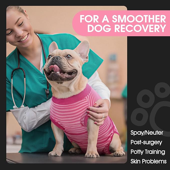 FUAMEY Recovery Suit for Dogs Post-Surgery,Dog Surgery Suit Female Spay Dog Onesie for Surgery Female Collar Cone Alternative Surgical Shirt,Male Dog Neuter Suits Rose Stripes XS