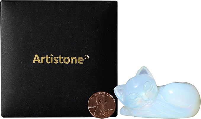 2" Sleeping Cat Statue Opalite Healing Crystals Hand Carved Cute Kitten Figurine, Worry Stone for Anxiety Relif Home Desk Decor Animal Figurine (Opalite)