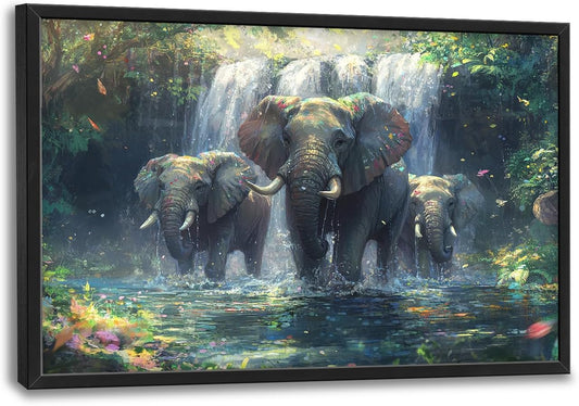 Large Elephant Wall Art for Living Room, Framed Oversized Forest Waterfall Wall Decor, Nature Landscape Canvas Painting Wildlife Artwork for Living Room Dining Room Bathroom Bedroom Office 36"x24"