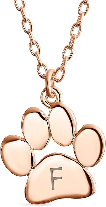 Personalized Initial Alphabet A-Z Dainty Dog Cat Pet Kitten Puppy Paw Print Pendant Necklace Animal Jewelry For Women Teen Polished Rose Yellow Gold Plated .925 Sterling Silver Customizable