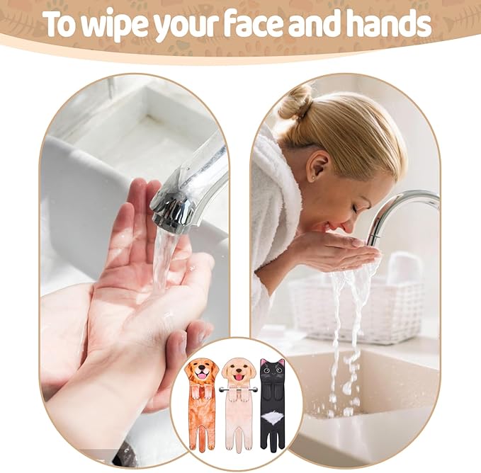 Funny Cat Hand Towels, 3 Pcs Cute Dog Hand Towels Decorative Washcloths Super Absorbent Soft Hanging Face Towels Housewarming Gift for Bathroom Kitchen