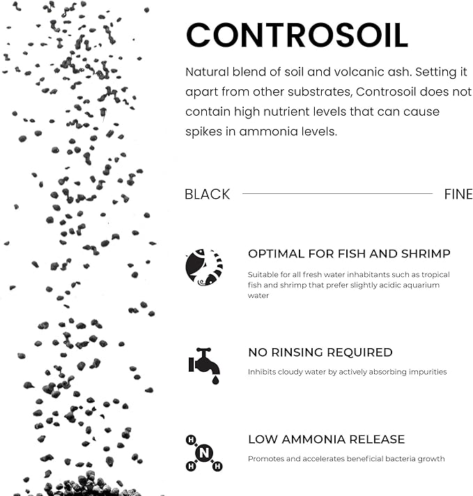Ultum Nature Systems Controsoil - Freshwater Aqua Soil Substrate for Fish, Shrimp, Live Plant Propagation and Aquascaping - 6.8pH Low Ammonia, Volcanic Ash - Black, Fine (1 Liter | 2LB)
