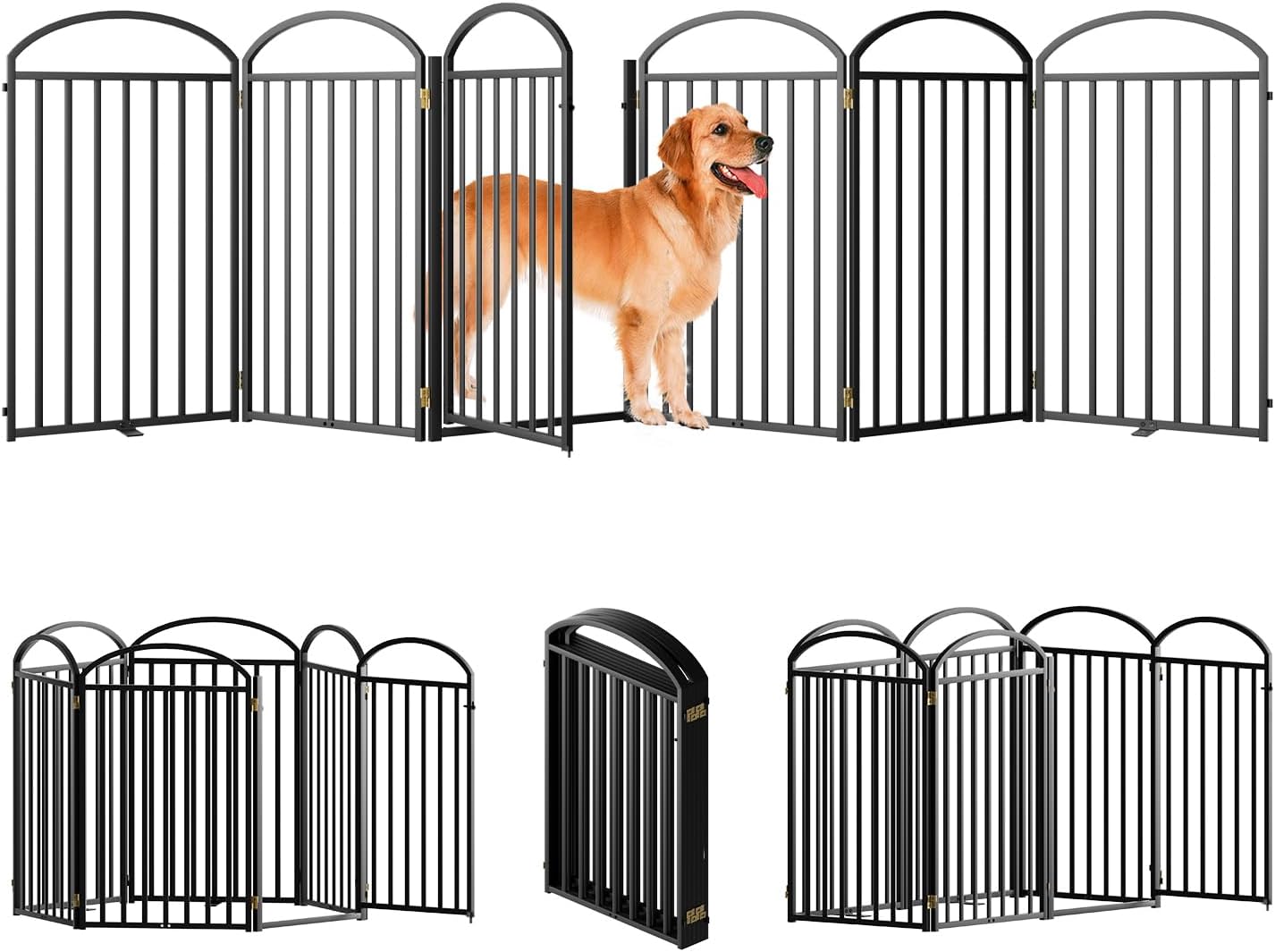6 Panles Full Matel Freestanding Dog Gates with Door, 144"Extra Wide 36"Tall Free Standing Dog Pet Gate for Indoor & Outdoor. Foldable Pet Fences for Doorways, House, Stairs, Porch, Deck, Yard
