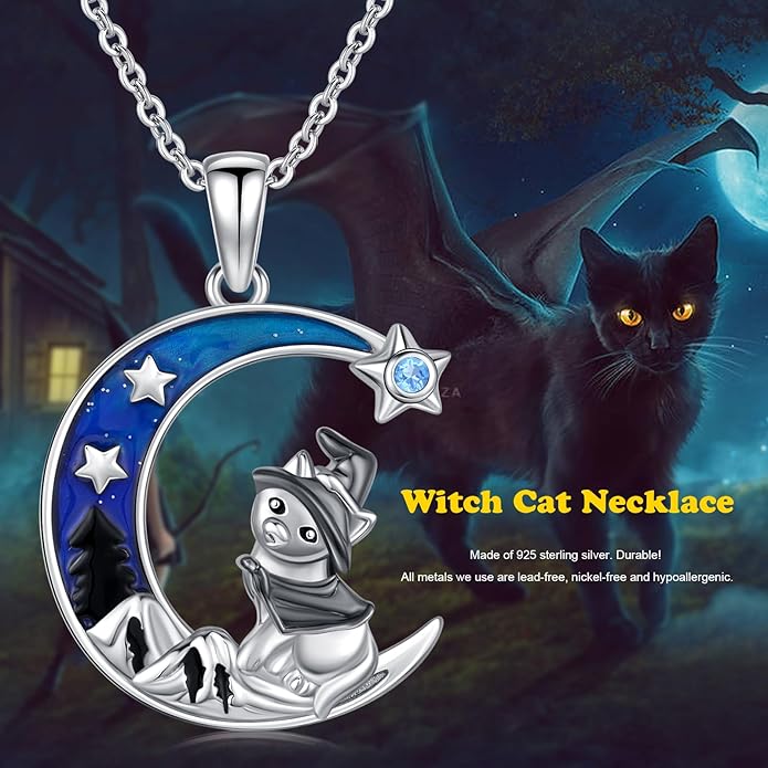 Witch Cat/Raven/Moon phase Necklace 925 Sterling Silver Celtic knot Pendant Gothic Jewelry Gifts for Women