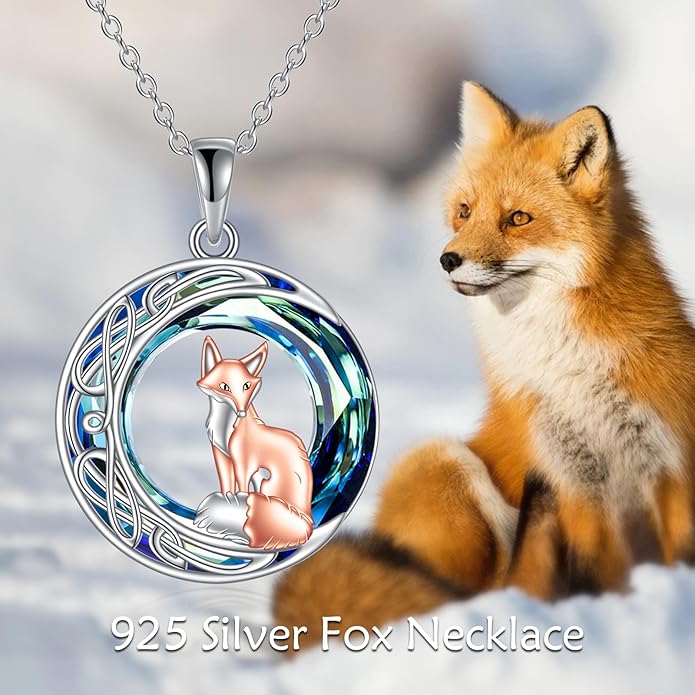 925 Sterling Silver Celtic Crescent Moon Animal Necklace for Women Fox/Black Cat/Hummingbird Crystal/Abalone Shell Pendant Jewelry Gift for Mom Daughter