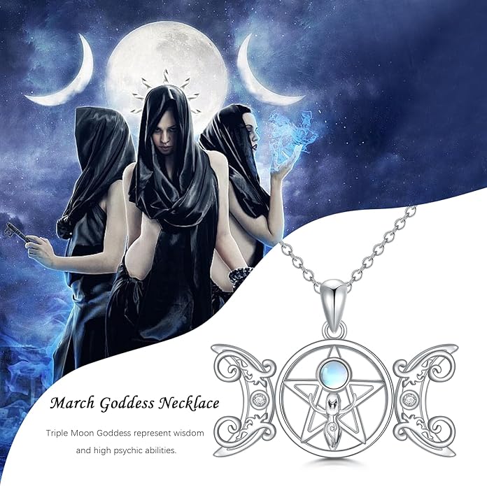 Witch Necklace 925 Sterling Silver Pentagram Triple Moon Pentacle Pendant Wiccan Pagan Jewelry Witchy Gifts for Women