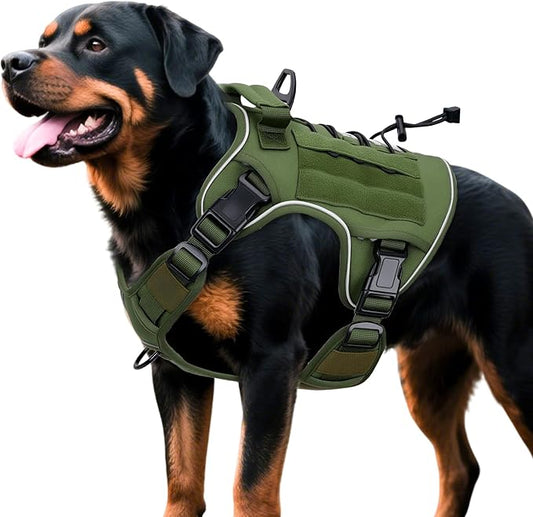 Heavy-Duty Tactical Dog Harness for Large Dogs, No Pull Adjustable Reflective Pet Vest with Molle System, K9 Military-Grade Control for Service Training, Outdoor & 10+ Breeds, Green, XX-Large