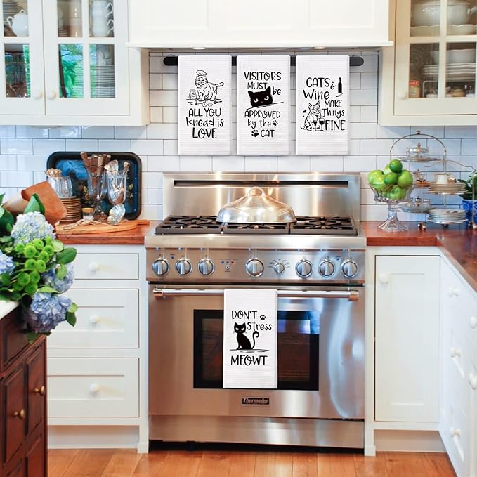 Vansolinne Funny Cat Kitchen Towels Decorative Waffle Tea Towels Absorbent Dish Towels Set of 4 - Fun Hostess Kitchen Decor, Cat Kitchen Collection, Housewarming Presents