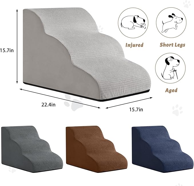3-Step Dog Ramp and Stairs for Sofa and Chair - Non-Slip Sturdy Pet Steps for Small Dogs and Cats,15.7" H,Light Grey