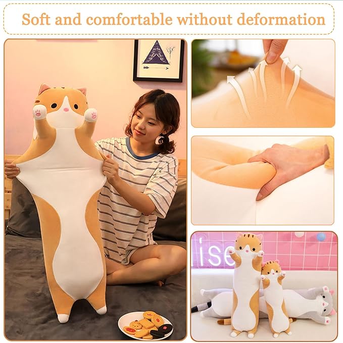 Long Cat Plush Pillow Soft Cat Hugging Pillow Stuffed Animal Pillow Cute Kitty Sleeping Throw Pillow Gift for Kids(70cm/27.55inch,Yellow
