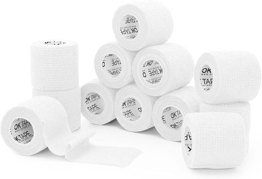 OK TAPE Self Adherent Cohesive Bandages Wrap 12Packs, 2 Inches X 5 Yards, Non-Woven Self Adhesive Athletic Sports wrap Tape, Vet Wrap Bandages Tape, for Thumb Finger Wrist Ankle (White)