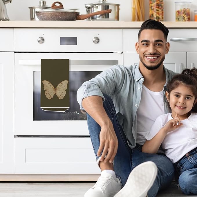 Vintage Butterfly Kitchen Towels, Cottagecore Dark Green Butterfly Decorative Dish Tea Towels for Kitchen, Antique Insect Moth Hand Towels for Bathroom, 16x24 Inch