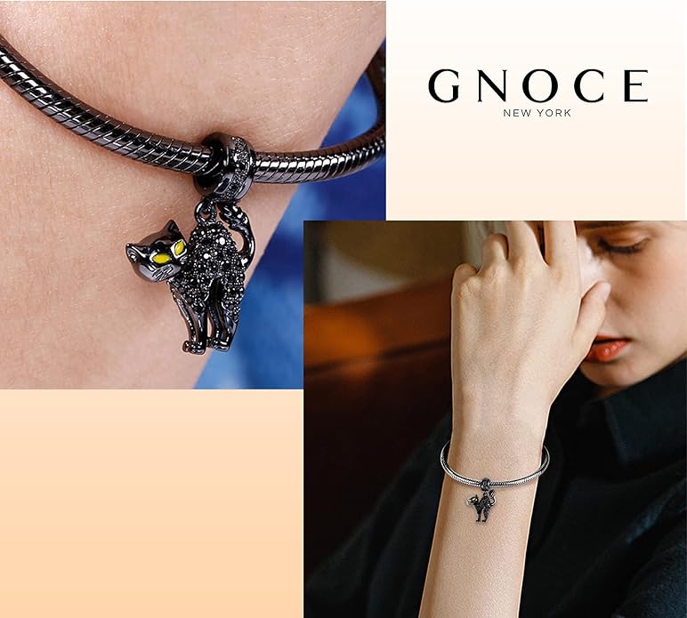 GNOCE Black Cat Charm 925 Sterling Silver Naughty Cat Pendant Charms for Bracelet/Necklace Jewelry Gift for Women