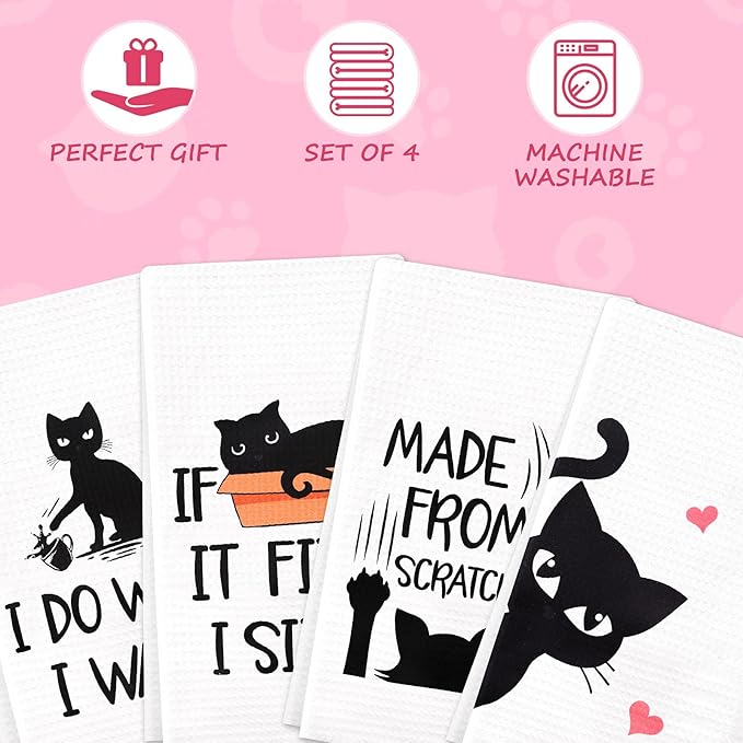 Vansolinne Cute Cats Microfiber Bath Towels Set of 4, 18in x 24in, Perfect for Cat Lovers, Housewarming Gifts