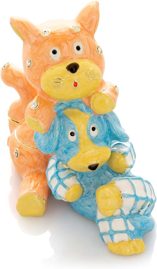 Keren Kopal Friends cat & Dog Trinket Box Decorated with Crystals Jewelry Storage Stash Handpainted Animal Figure Gift Idea for Home Decor