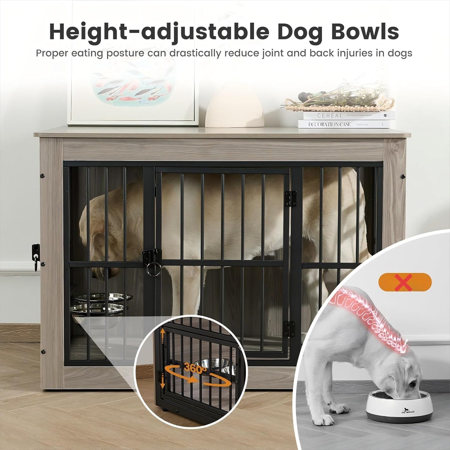 Gardner Pet Dog Crate Furniture for Medium Dogs, 32.7 Inch Dog Kennel Indoor, Wooden Dog Cage End Table with 2 Removable Bowls, Heavy Duty Dog Crate, Rustic Grey