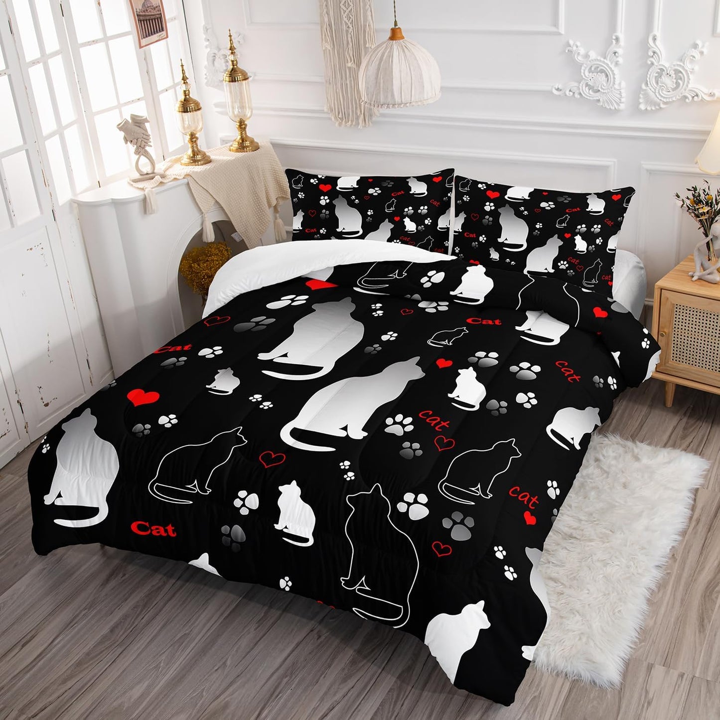 Kawaii Cat Animal Themed Comforter Set 3Pcs Full Black White Pet Cat Bedding Set for Kid Teen Girl Boy Adult Room Decor Cartoon Cat Paw Heart Pattern Quilt with 1 Comforter and 2 Pillowcases